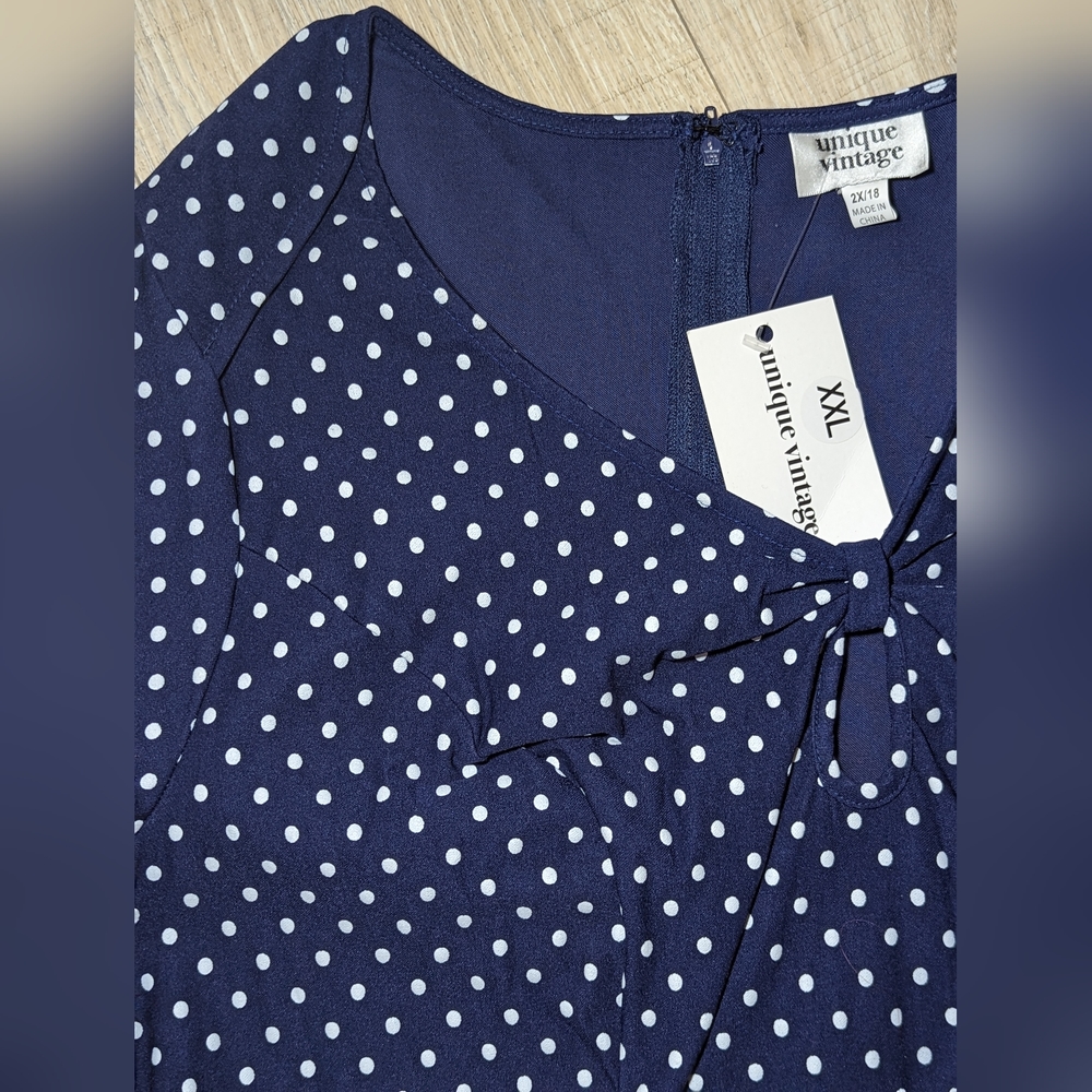 Unique Vintage Navy & White Polka Dot Long Sleeve Fit-and-Flare Dress - Picture 4 of 13